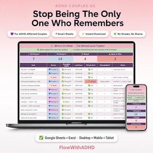 Pode incluir: Um laptop e um smartphone exibem um rastreador digital de carga mental para casais. A tela mostra uma planilha com detalhes de gerenciamento de tarefas, incluindo proprietários, datas de vencimento e notas. O texto diz: "Pare de ser o único que se lembra".