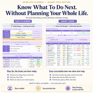 ADHD daily planner and task manager for adults with Top 3 priorities, time blocks, energy-based planning, deadlines and next actions. Executive dysfunction planner designed for task prioritization, overwhelm and knowing what to do next.