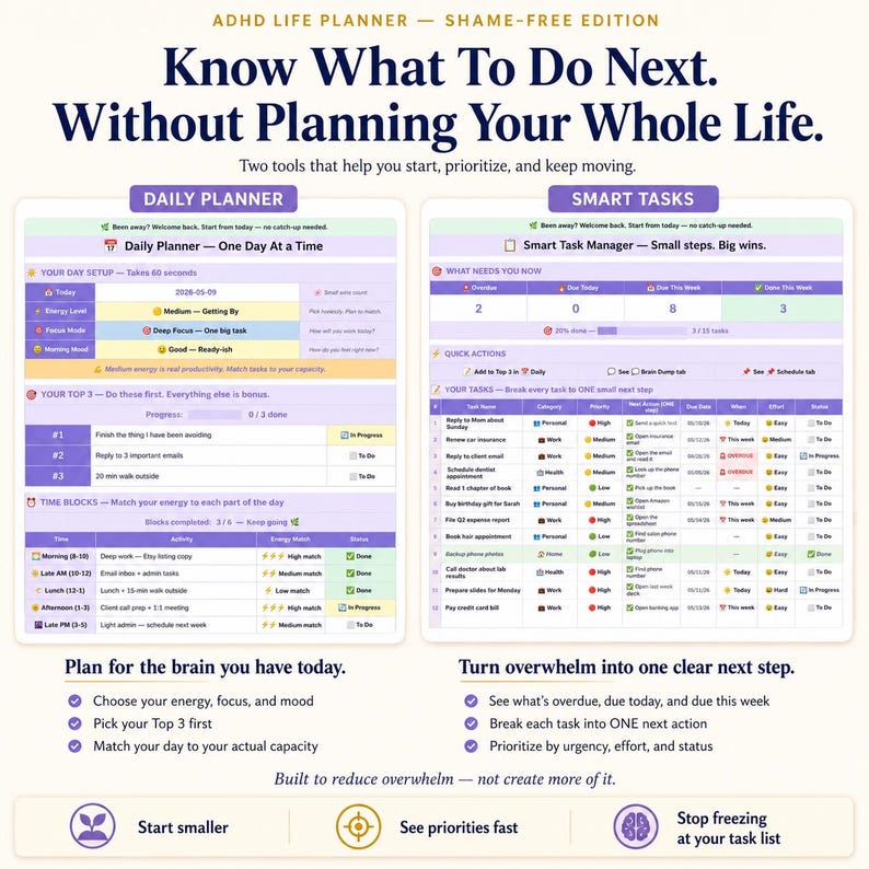 ADHD daily planner and task manager for adults with Top 3 priorities, time blocks, energy-based planning, deadlines and next actions. Executive dysfunction planner designed for task prioritization, overwhelm and knowing what to do next.