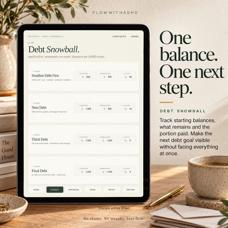 May include: A digital tablet displaying a debt snowball budget tracker with fields for smallest debt, next debt, third debt, and final debt. The screen shows columns for started, remaining, and percentage paid. Text includes One balance. One next step. No shame. No streaks. Just flow.