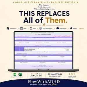 ADHD Life Planner | Shame-Free Daily Planner | Habit Tracker No Streaks | Google Sheets Excel | ADHD Digital Planner