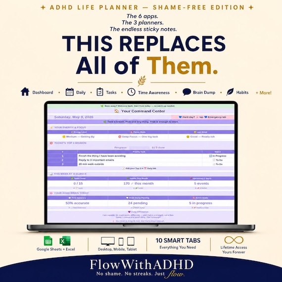ADHD Life Planner | Shame-Free Daily Planner | Habit Tracker No Streaks | Google Sheets Excel | ADHD Digital Planner