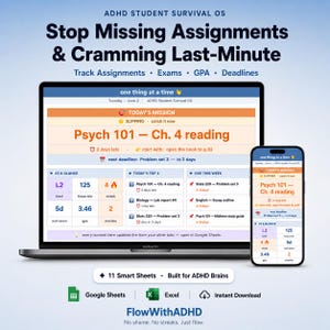 Puede incluir: Un panel digital titulado ADHD Student Survival OS en una computadora portátil y un teléfono inteligente. La interfaz rastrea tareas, exámenes y calificaciones, con secciones como Today's Mission y At a Glance. Incluye 11 Smart Sheets.