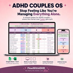 ADHD couples planner and mental load tracker in Google Sheets, shown on laptop and phone. Bold text reads "Stop feeling like you're managing everything alone." Shared task tracker splitting responsibilities between two partners.