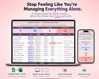 ADHD Couples Planner & Mental Load Tracker | Chore Chart for Couples | Shared Household Tasks Spreadsheet | Google Sheets + Excel