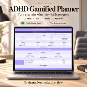 Gamified ADHD Planner for Adults, XP Task & Habit Tracker, Google Sheets + Excel