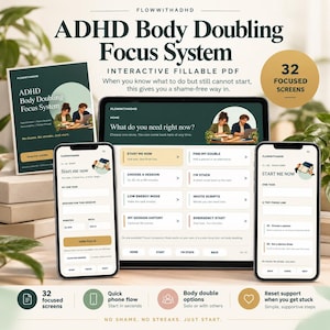 ADHD Body Doubling Focus System Task Initiation & Executive Dysfunction Fillable PDF