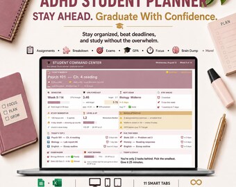 ADHD Student Planner | School Planner | Assignment Tracker | Exam Planner | GPA Calculator | Google Sheets & Excel | Dusty Rose Edition