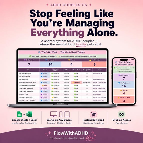 ADHD Couples Planner & Mental Load Tracker | Chore Chart for Couples | Shared Household Tasks Spreadsheet | Google Sheets + Excel