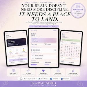 May include: A digital planner for adults displayed on three tablets. The text reads: Your brain doesn't need more discipline. It needs a place to land. Features include a Brain Engine, habit grid, daily focus, 53 pages, and 434 links for apps.