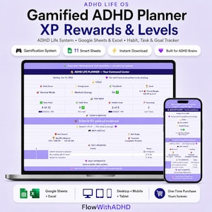 Gamified ADHD Planner for Adults | XP Rewards & Levels | ADHD Digital Planner | Google Sheets + Excel | Habit Tracker Task Manager
