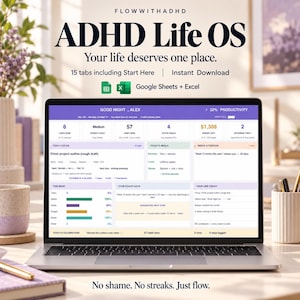 Könnte beinhalten: Ein Laptop-Bildschirm zeigt den digitalen Planer ADHD Life OS für Google Sheets und Excel. Die Benutzeroberfläche enthält eine violette Kopfzeile mit Produktivitätskennzahlen, Aufgabenlisten, Mahlzeitenplänen und Zielverfolgung. Der Text umfasst FlowWithADHD, ADHD Life OS, Your life deserves one place, 15 tabs including Start Here, Instant Download und No shame. No streaks. Just flow.