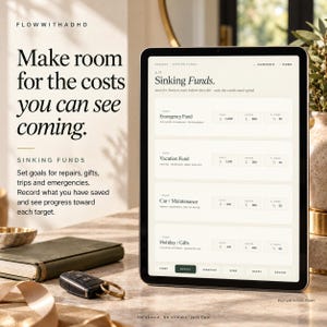 May include: A digital tablet displays a Sinking Funds budget tracker with categories for Emergency Fund, Vacation Fund, Car Maintenance, and Holiday Gifts. The screen shows goal and saved amounts. Text reads: Make room for the costs you can see coming.