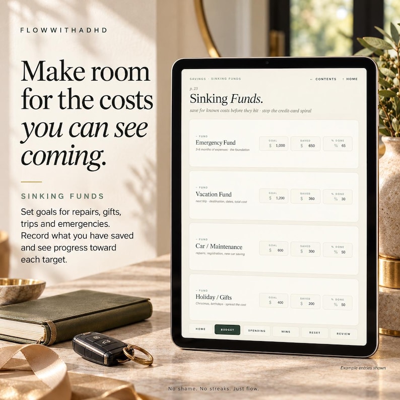 May include: A digital tablet displays a Sinking Funds budget tracker with categories for Emergency Fund, Vacation Fund, Car Maintenance, and Holiday Gifts. The screen shows goal and saved amounts. Text reads: Make room for the costs you can see coming.