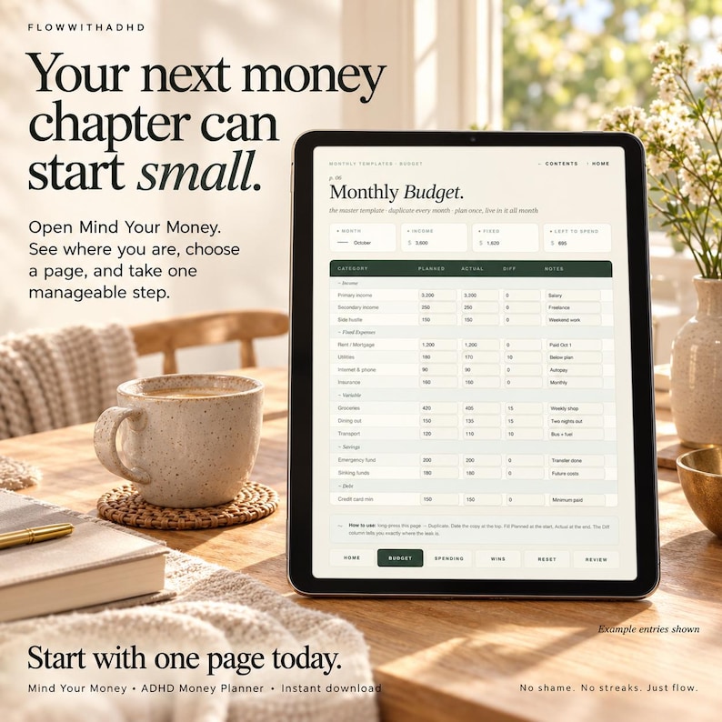 May include: A digital tablet displaying a monthly budget template with columns for income, fixed expenses, and savings. The screen shows text including 'Monthly Budget', 'Your next money chapter can start small', and 'Mind Your Money'.