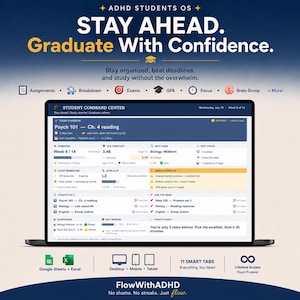 Könnte beinhalten: Ein digitales Dashboard mit dem Titel ADHD Students OS auf einem Laptop-Bildschirm. Die Benutzeroberfläche enthält Bereiche für Aufgaben, Prüfungen, Notendurchschnitt und Fokus-Tracking. Text umfasst Stay Ahead und Student Command Center.
