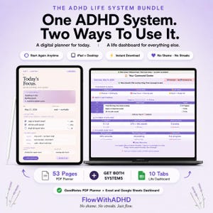 Könnte beinhalten: Das ADHD Life System Bundle enthält einen digitalen Planer auf einem Tablet und ein Dashboard auf einem Laptop. Der Text lautet: One ADHD System. Two Ways To Use It. A digital planner for today. A life dashboard for everything else. 53 Seiten, 10 Tabs.