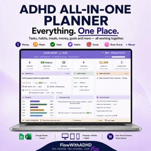 All-In-One ADHD Planner for Adults | Google Sheets & Excel | Task Tracker | Habit Tracker | Meal Planner | Budget Planner | ADHD Life OS