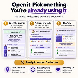 Easy-start ADHD planner with three simple steps: open the system, choose one small task and begin, designed for adults who need low-pressure planning and executive function support.