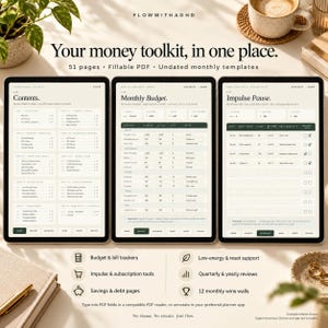 May include: Three digital tablets display a money toolkit with 51 pages, fillable PDF templates, and undated monthly layouts. The screens show a contents page, a monthly budget tracker, and an impulse pause log. Text includes Your money toolkit, in one place.