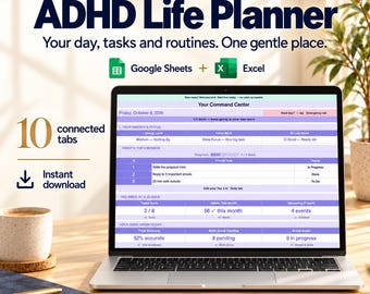 May include: A digital ADHD Life Planner displayed on a laptop screen, featuring 10 connected tabs compatible with Google Sheets and Excel. The interface includes sections for energy, focus, daily missions, tasks, habits, and goals.