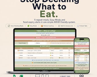 ADHD Meal Planner | Weekly Meal Plan | Pantry Tracker | Grocery List | Google Sheets & Excel