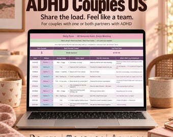 May include: A laptop screen displays the ADHD Couples OS digital planner, featuring a daily sync table with columns for energy levels, needs, and partner communication. Text includes 'ADHD Couples OS', 'Share the load', and 'No shame'.