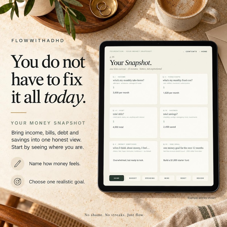 May include: A digital tablet displaying a financial planning template titled Your Snapshot. The screen features sections for income, fixed costs, debt, savings, money emotions, and goals. Text on the left reads You do not have to fix it all today.