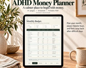 May include: A digital tablet displaying a monthly budget planner with the text FlowWithADHD, Mind Your Money, ADHD Money Planner, 51 pages, Undated, Fillable PDF, Instant download, and No shame. No streaks. Just flow.