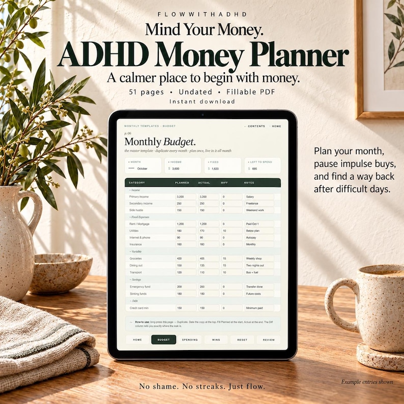 May include: A digital tablet displaying a monthly budget planner with the text FlowWithADHD, Mind Your Money, ADHD Money Planner, 51 pages, Undated, Fillable PDF, Instant download, and No shame. No streaks. Just flow.