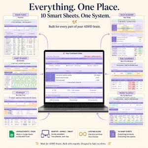 Digital ADHD planner with 10 connected smart sheets displayed around a central laptop, combining daily planning, tasks, habits, routines, goals and brain dump tools in one Google Sheets and Excel system.