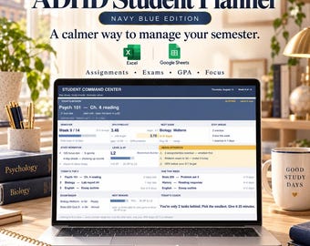 Könnte beinhalten: Ein Laptop mit dem ADHD Student Planner Navy Blue Edition, einem digitalen Dashboard zur Verwaltung von Aufgaben, Prüfungen, Notendurchschnitt und Fokus. Der Bildschirm zeigt eine Kommandozentrale für Studierende mit akademischen Daten.