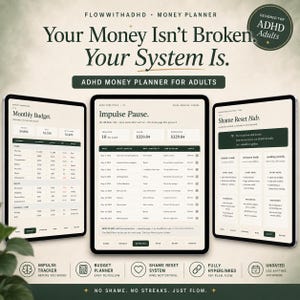 Może przedstawiać: Cyfrowy planer finansowy dla dorosłych z trzema ekranami tabletów wyświetlającymi budżet miesięczny, tracker impulsów oraz centrum resetowania. Interfejs wykorzystuje ciemnozielone i kremowe odcienie z tekstem Your Money Isn't Broken.