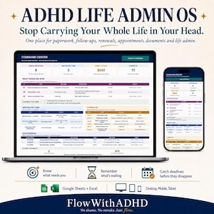 May include: A digital ADHD Life Admin OS dashboard displayed on a laptop and smartphone. The interface features a Command Center with sections for needs attention, waiting on them, money at risk, and upcoming tasks, compatible with Google Sheets and Excel.