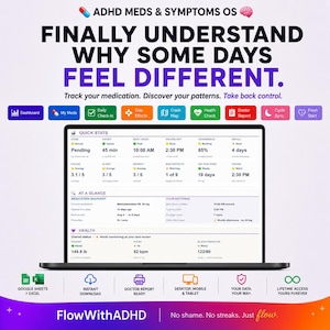 May include: A digital dashboard interface titled ADHD MEDS & SYMPTOMS OS displayed on a laptop screen. It features sections for quick stats, medication snapshots, and health tracking, including weight, pulse, and blood pressure data in kilograms.