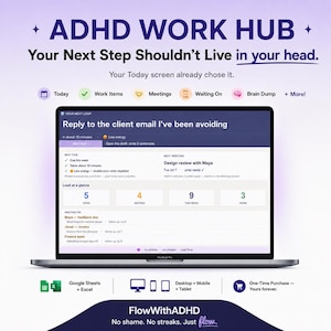 ADHD向け仕事用プランナー、Googleスプレッドシート＆Excelタスクトラッカー、会議メモ＆フォローアップシステム、ADHD成人向け仕事オーガナイザー