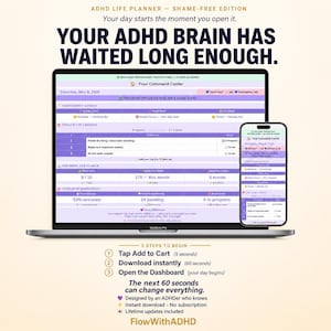 Digital ADHD planner shown on a laptop and smartphone, designed for desktop and mobile use with connected daily planning, tasks, routines and brain dump tools that update across devices.