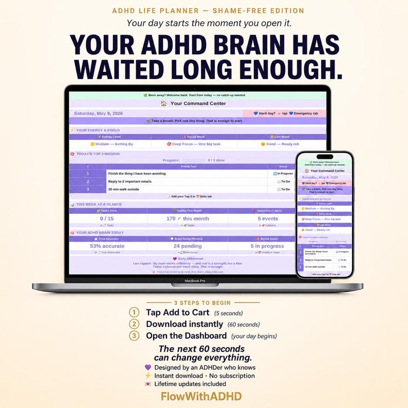 Digital ADHD planner shown on a laptop and smartphone, designed for desktop and mobile use with connected daily planning, tasks, routines and brain dump tools that update across devices.