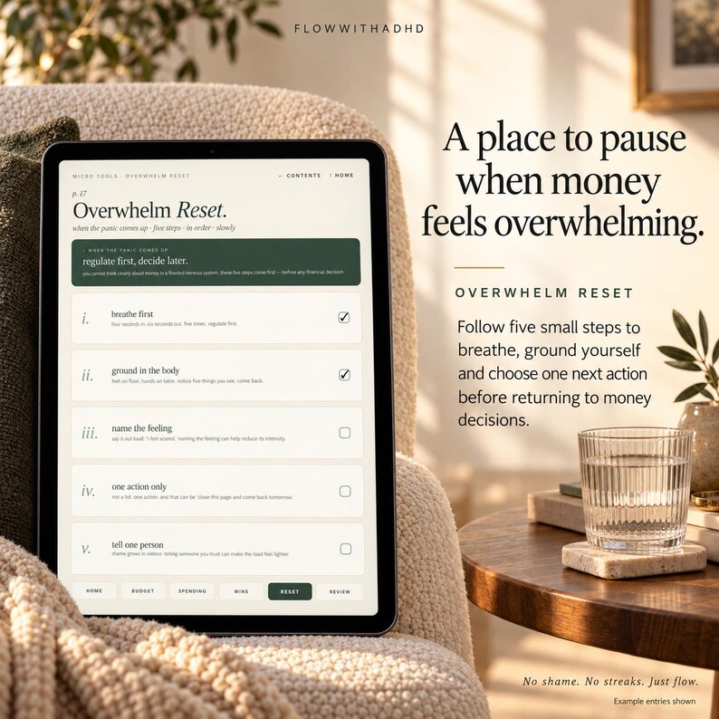 May include: A digital tablet displays a page titled Overwhelm Reset with five steps: breathe first, ground in the body, name the feeling, one action only, and tell one person. The text reads A place to pause when money feels overwhelming.