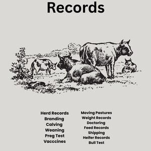 以下が含まれることがあります： Herd Management Recordsと題された文書で、牧草地の牛の白黒イラストが描かれています。テキストには、Herd Records、Branding、Calving、Weaning、Preg Test、Vaccines、Moving Pastures、Weight Records、Doctoring、Feed Records、Shipping、Heifer Records、Bull Testなどのカテゴリーが記載されています。