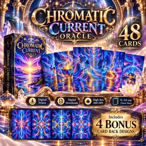 May include: A 48-card oracle deck titled Chromatic Current Oracle, featuring vibrant blue, purple, and gold cosmic illustrations. The set includes a box, individual cards with ethereal imagery, and four bonus card back designs, with a 9x14 cm size.
