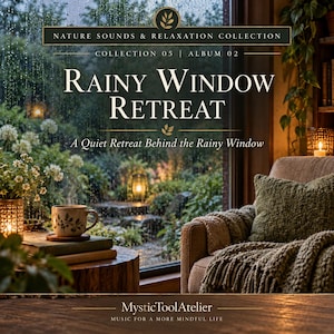 以下が含まれることがあります： デジタルアルバムのカバー。タイトルは「Rainy Window Retreat, Nature Sounds & Relaxation Collection 05, Album 02」。雨の降る窓、本の上に置かれたマグカップ、緑色のニットブランケットが掛けられた快適なアームチェアが描かれています。MysticToolAtelier。