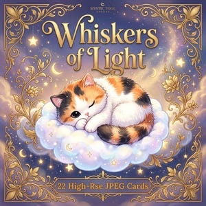 May include: A digital art image featuring a calico cat sleeping on a cloud. The image has a celestial theme with stars, moons, and the text "Whiskers of Light". The artwork is framed with ornate gold filigree and includes the text "22 High-Rse JPEG Cards".