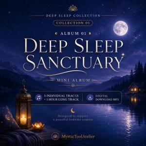 May include: A digital album cover titled Deep Sleep Sanctuary featuring a night scene with a full moon, mountains, a lake, and a cabin. Text includes Deep Sleep Collection, Collection 01, Album 01, 3 individual tracks, 1 hour long track, and digital download MP3.