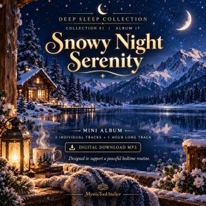 Op de afbeelding: Een digitaal MP3-minialbum getiteld Snowy Night Serenity, met een besneeuwd berglandschap met een hut, een brandende lantaarn, een dampende mok en een knusse deken. Tekst bevat Deep Sleep Collection, Collection 01, Album 17.