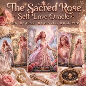 May include: A set of oracle cards titled The Sacred Rose Self-Love Oracle, featuring 44 cards with illustrations of figures in pink gowns surrounded by roses. The cards include text such as The Open Heart, Love Your Journey, and Inner Harmony.