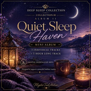 Może przedstawiać: Cyfrowa okładka albumu zatytułowana Deep Sleep Collection Collection 01 Album 11 Quiet Sleep Haven Mini Album. Obraz przedstawia latarnię, kubek z półksiężycem, książkę i świecę na tle nocnego krajobrazu z półksiężycem.