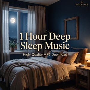 Könnte beinhalten: Ein digitales Produkt für 1 Hour Deep Sleep Music High-Quality MP3 Download mit einem Schlafzimmer, einem Bett, Kissen, einem Nachttisch mit Lampe und einem Fenster, das bei Nacht einen Vollmond vor dunkelblauen Wänden zeigt.