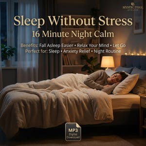 Op de afbeelding: Een persoon die slaapt in een bed met een beige deken en kussens. De afbeelding bevat de tekst "Sleep Without Stress" en "16 Minute Night Calm". Een MP3 digitale download-icoon is zichtbaar linksonder.