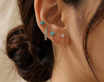 Conjunto de pendientes de turquesa chapados en oro de 18 quilates, pendientes de botón con cadena, pendientes colgantes de circonita cúbica, joyería minimalista para apilar.
